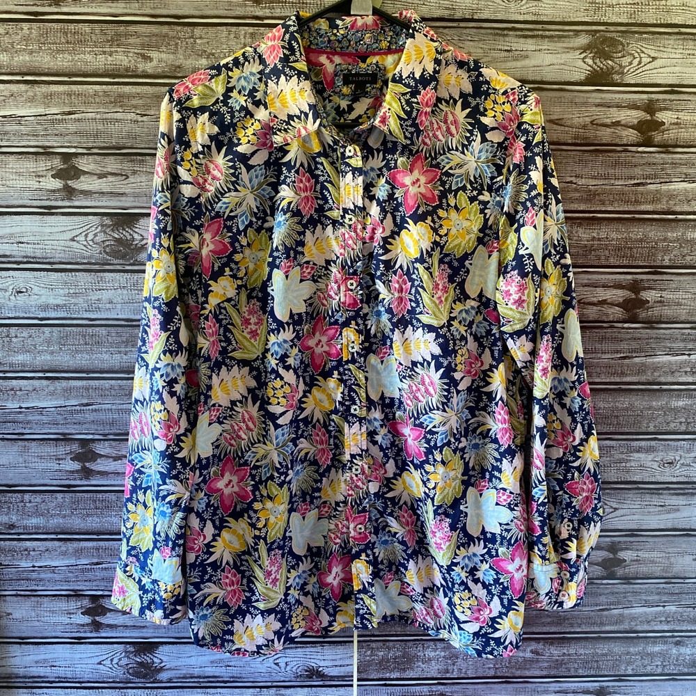 Talbots Women's Long-Sleeved Button-Down Top Size L Blue Floral‎ Lightweight
